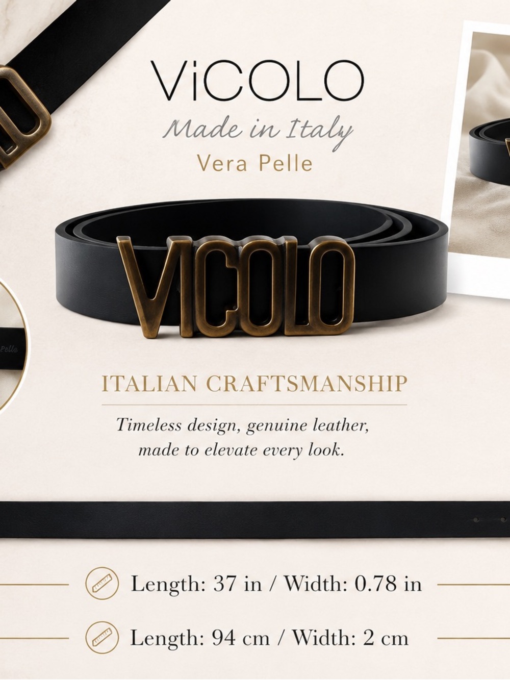 Vicolo Made in Italy Black Leather Belt with Brass Logo Buckle